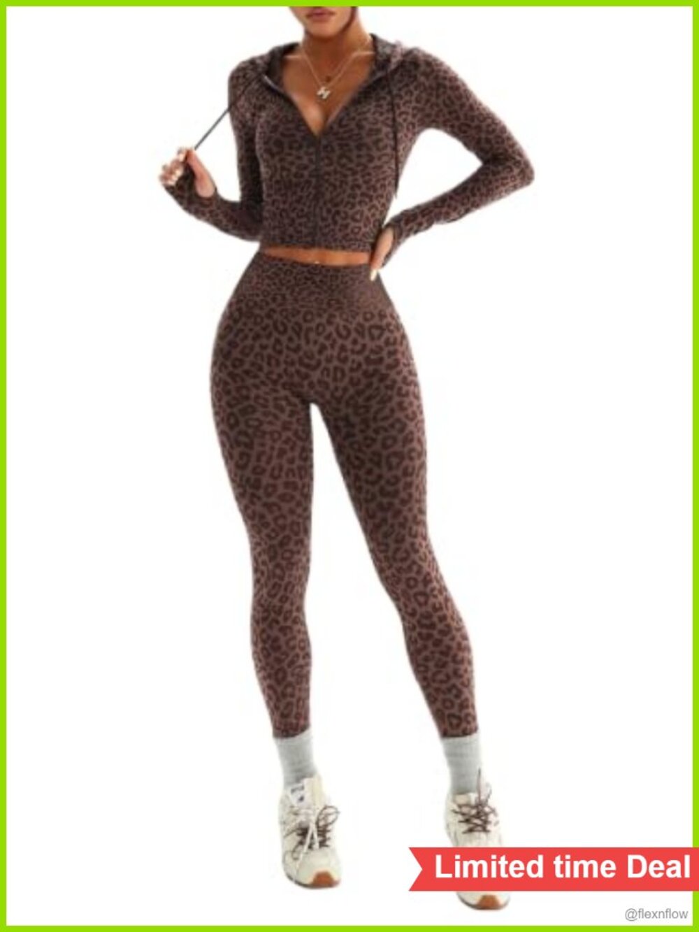 2 Piece Leopard Zip Up Hoodie & High Waisted Leggings Workout Set Yoga